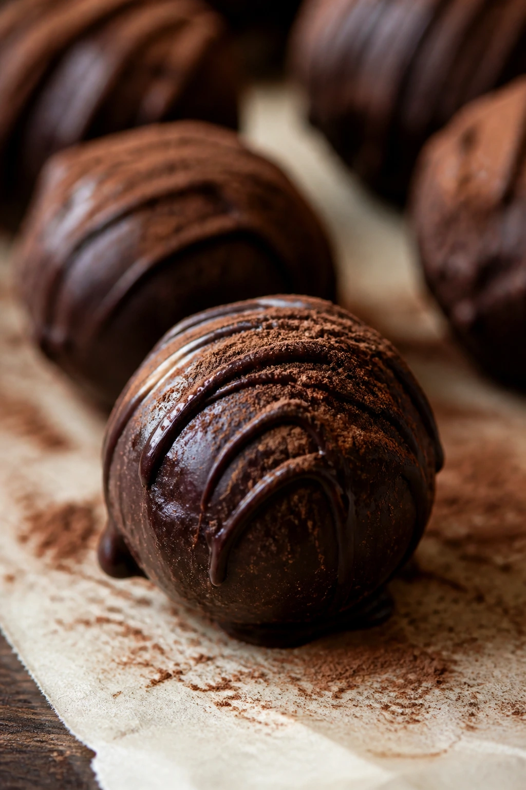 Single dark chocolate truffle on parchment with cocoa dust