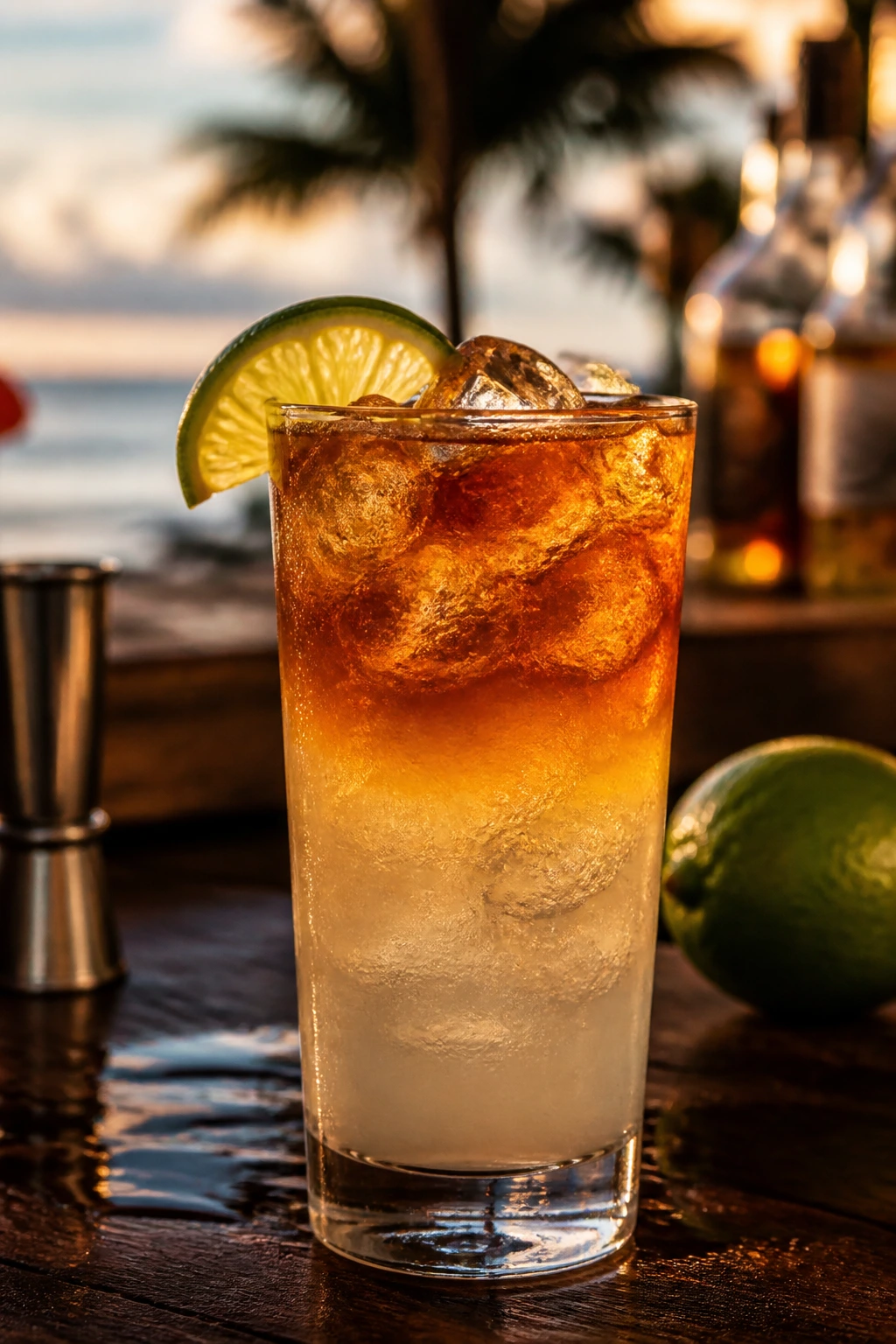 Dark ’n’ Stormy in a highball glass with lime