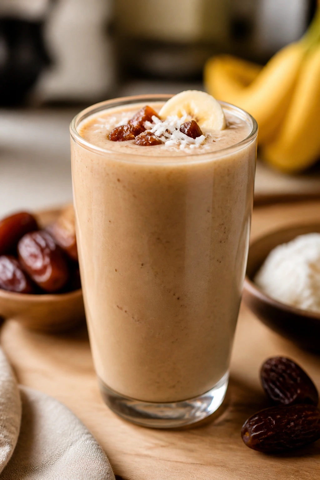 Close-up of a caramel-colored date banana coconut smoothie in a glass on a warm kitchen counter