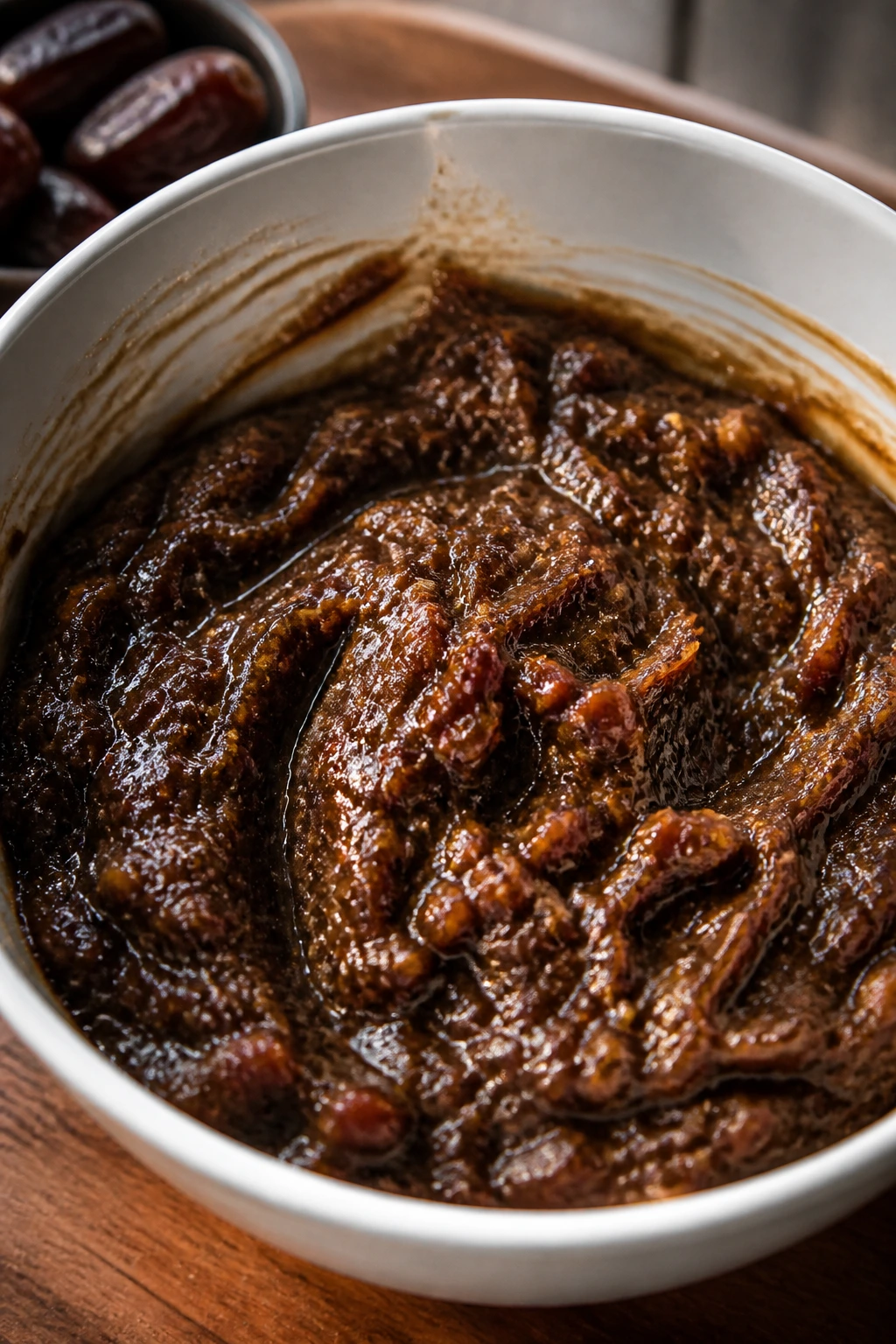 Close-up of date-caramel base batter with chunky date bits in a bowl