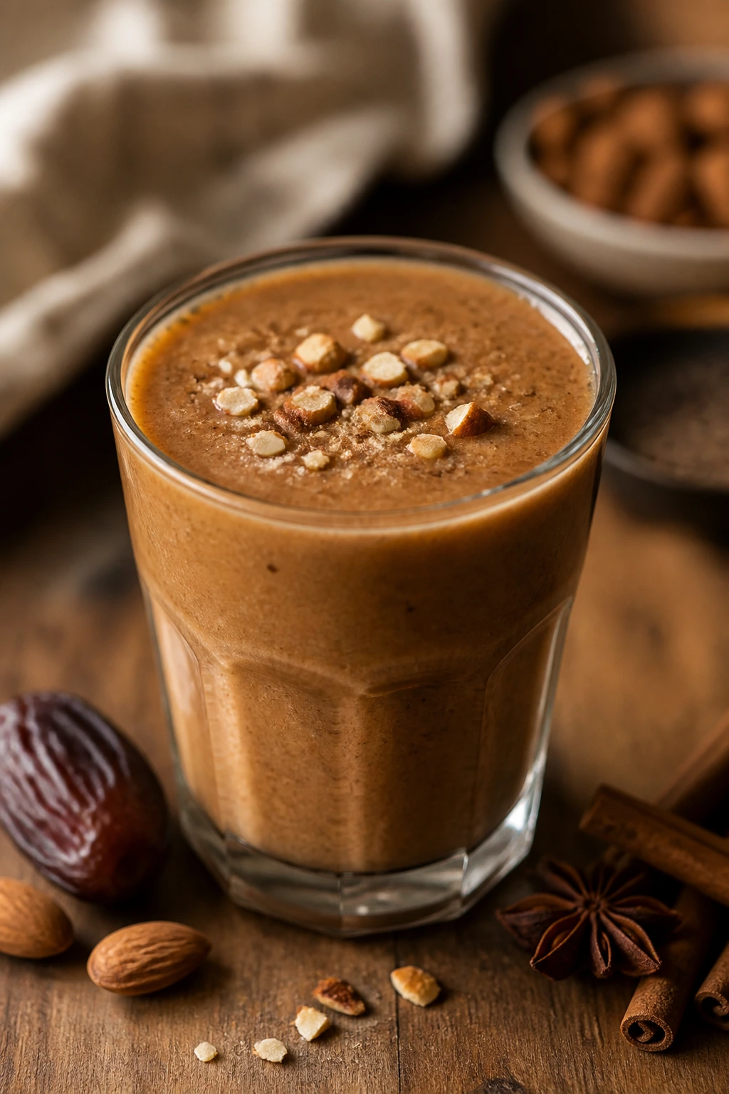 Close-up of Date Chai Almond Smoothie in a glass on a wooden surface