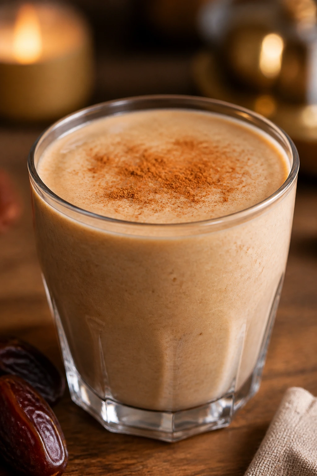 Close-up of Date Tahini Cinnamon Smoothie in a short glass on warm kitchen counter