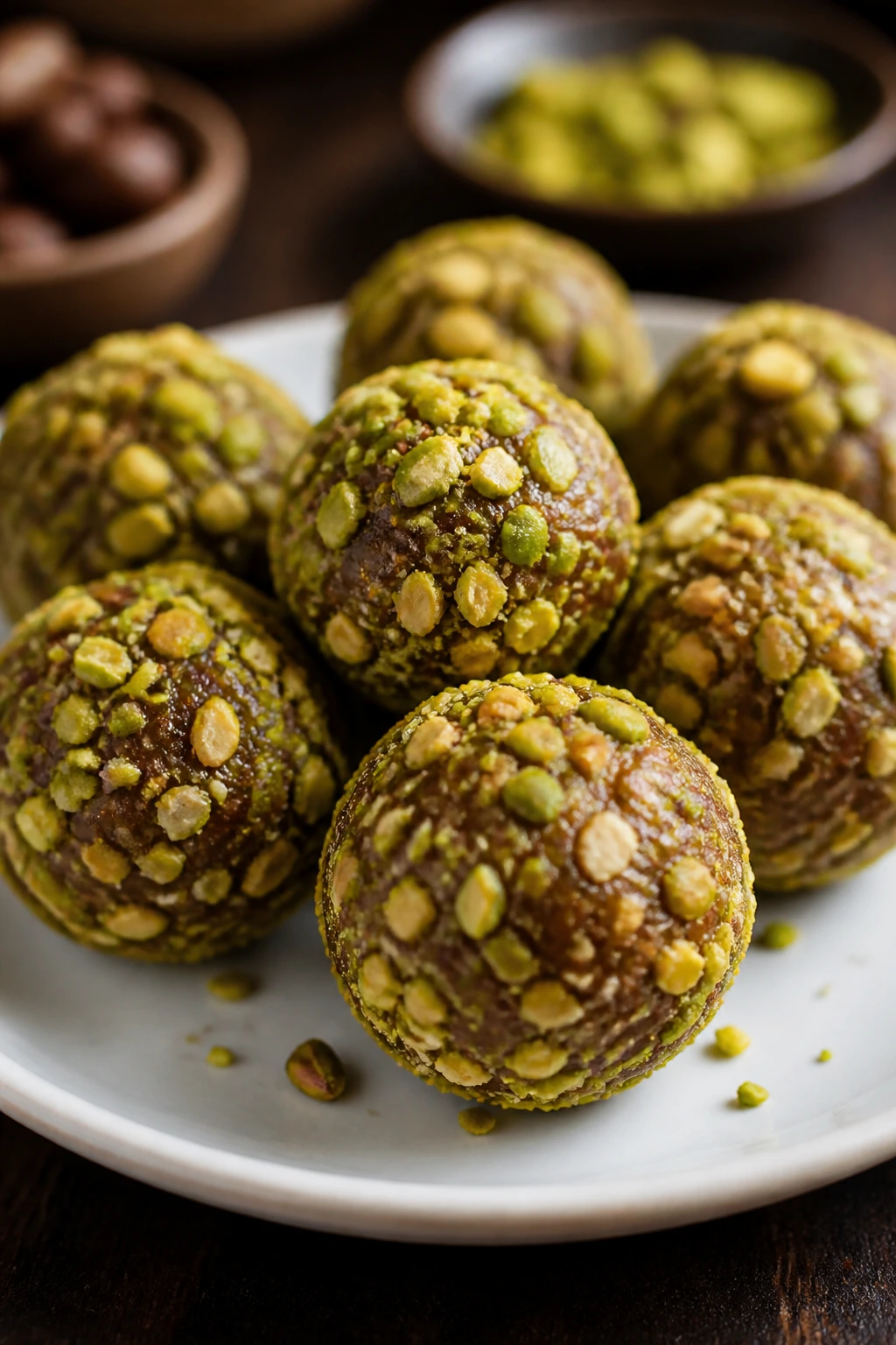 Close-up of pistachio-coated almond butter date truffles on a plate