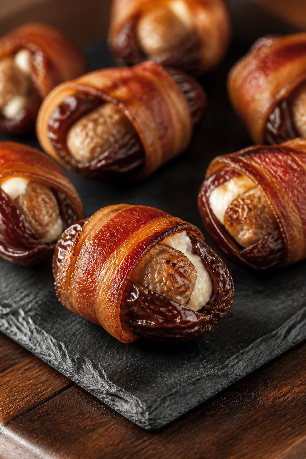 Bacon-wrapped sausage stuffed dates on a slate board