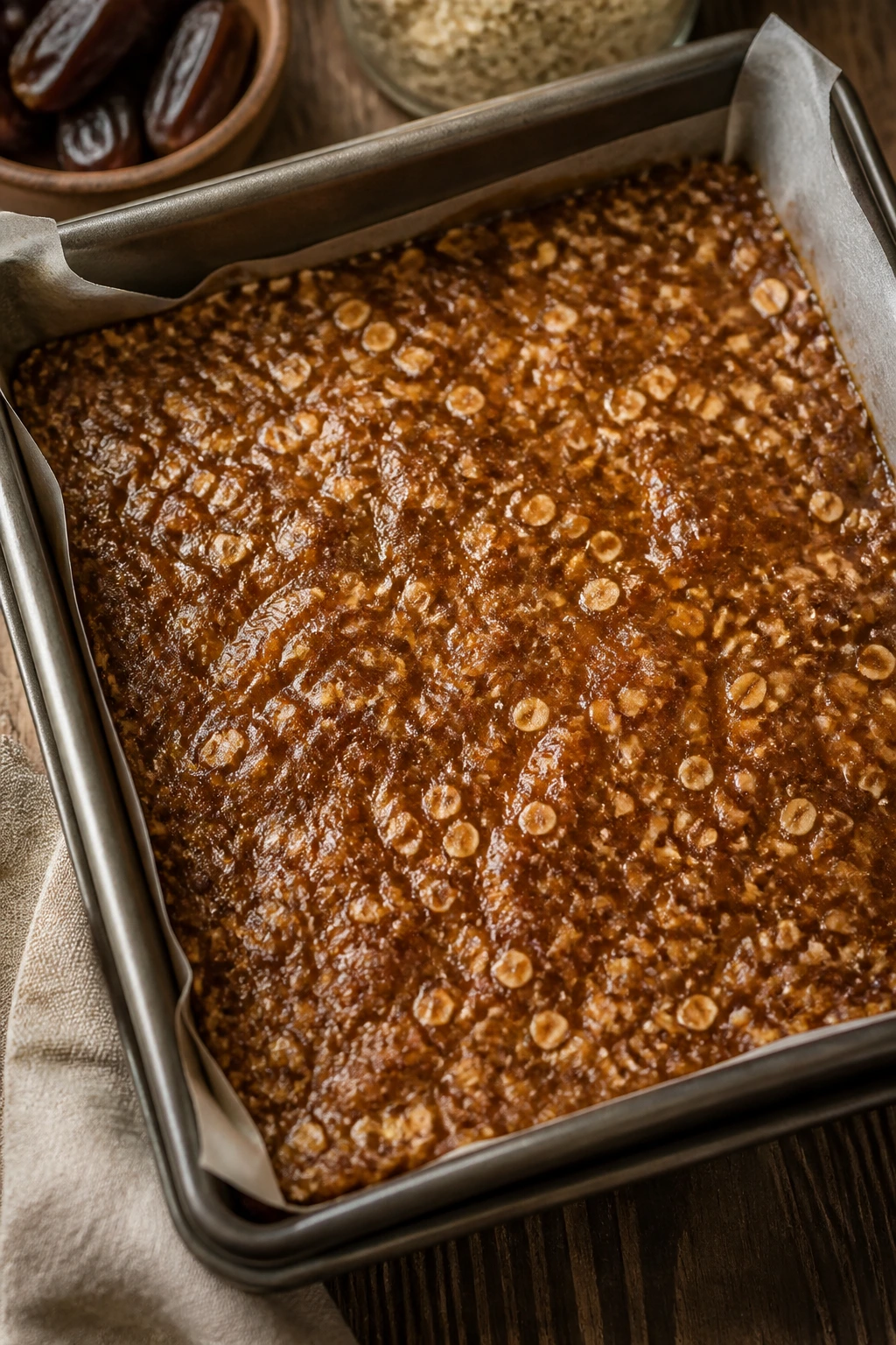 Top-down view of pan with date-oat batter ready to bake