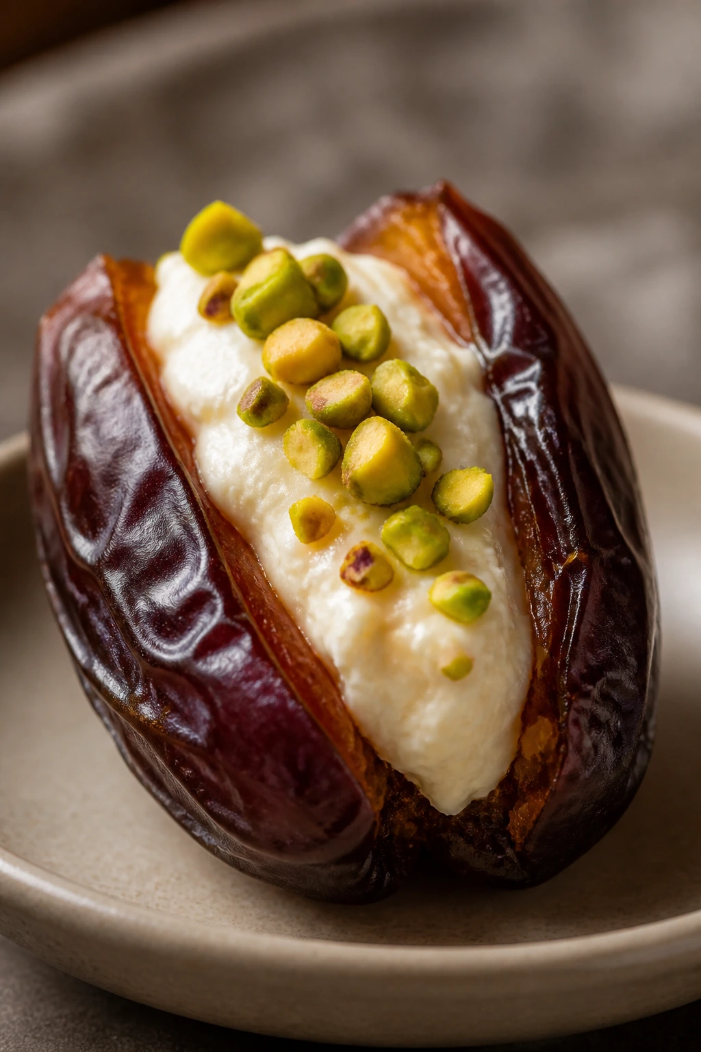 Close-up of cheesecake stuffed date with pistachio topping on a neutral plate