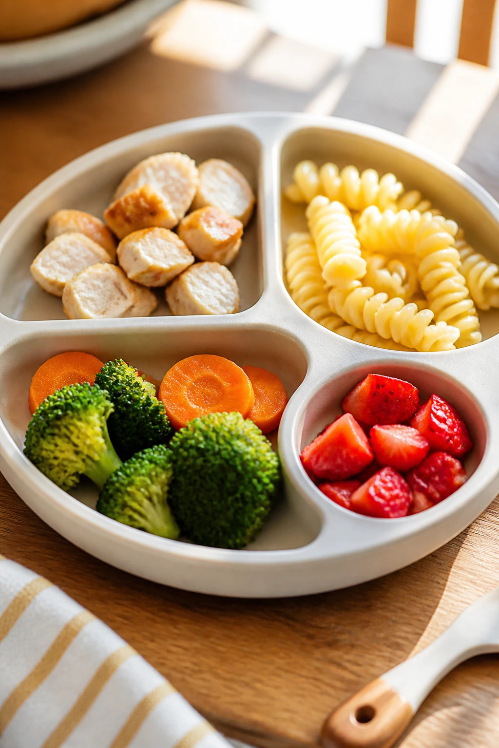 Deconstructed plate showing protein, starch, and vegetables separated