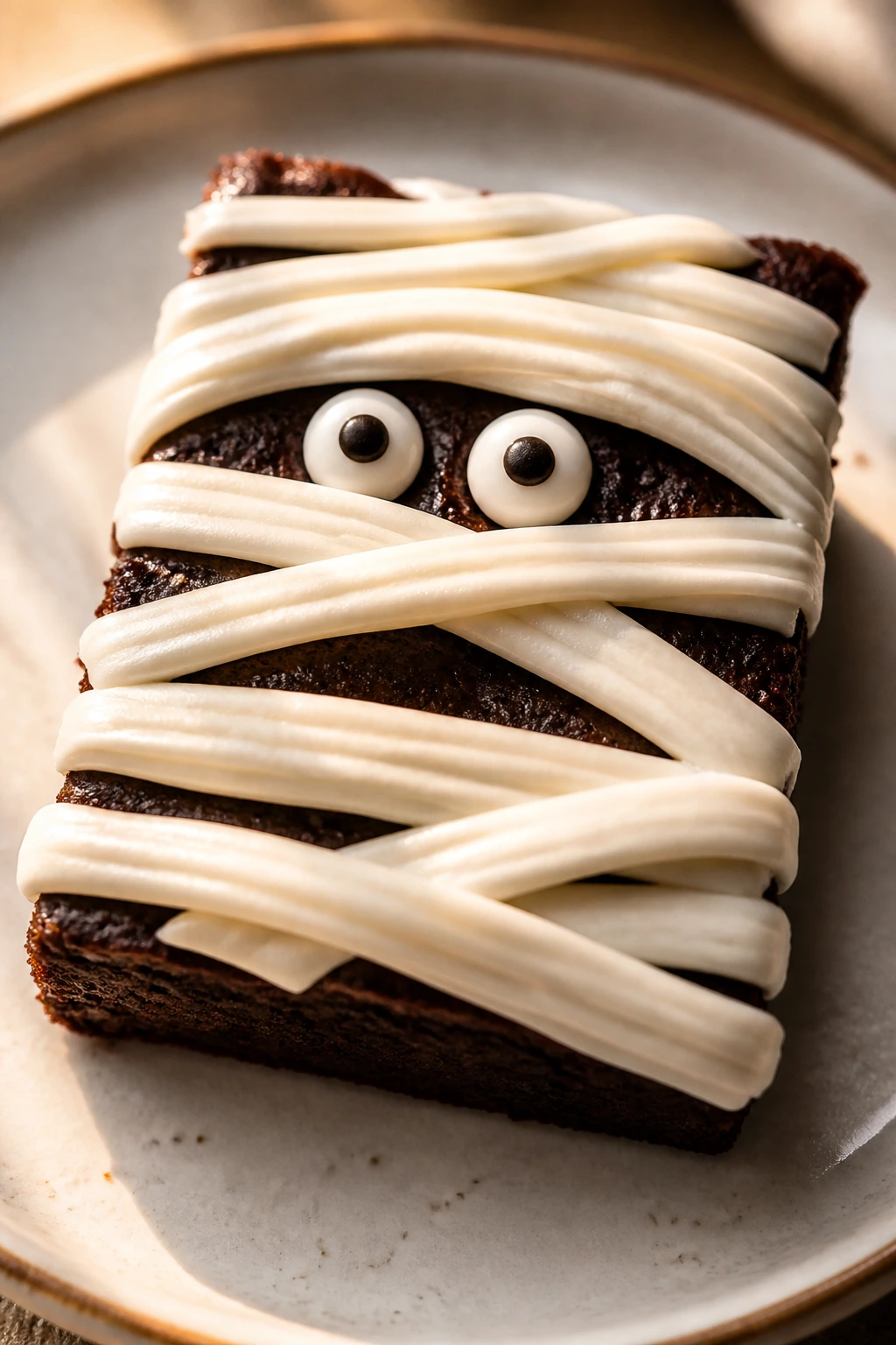 Decorated brownie mummy square on a plate