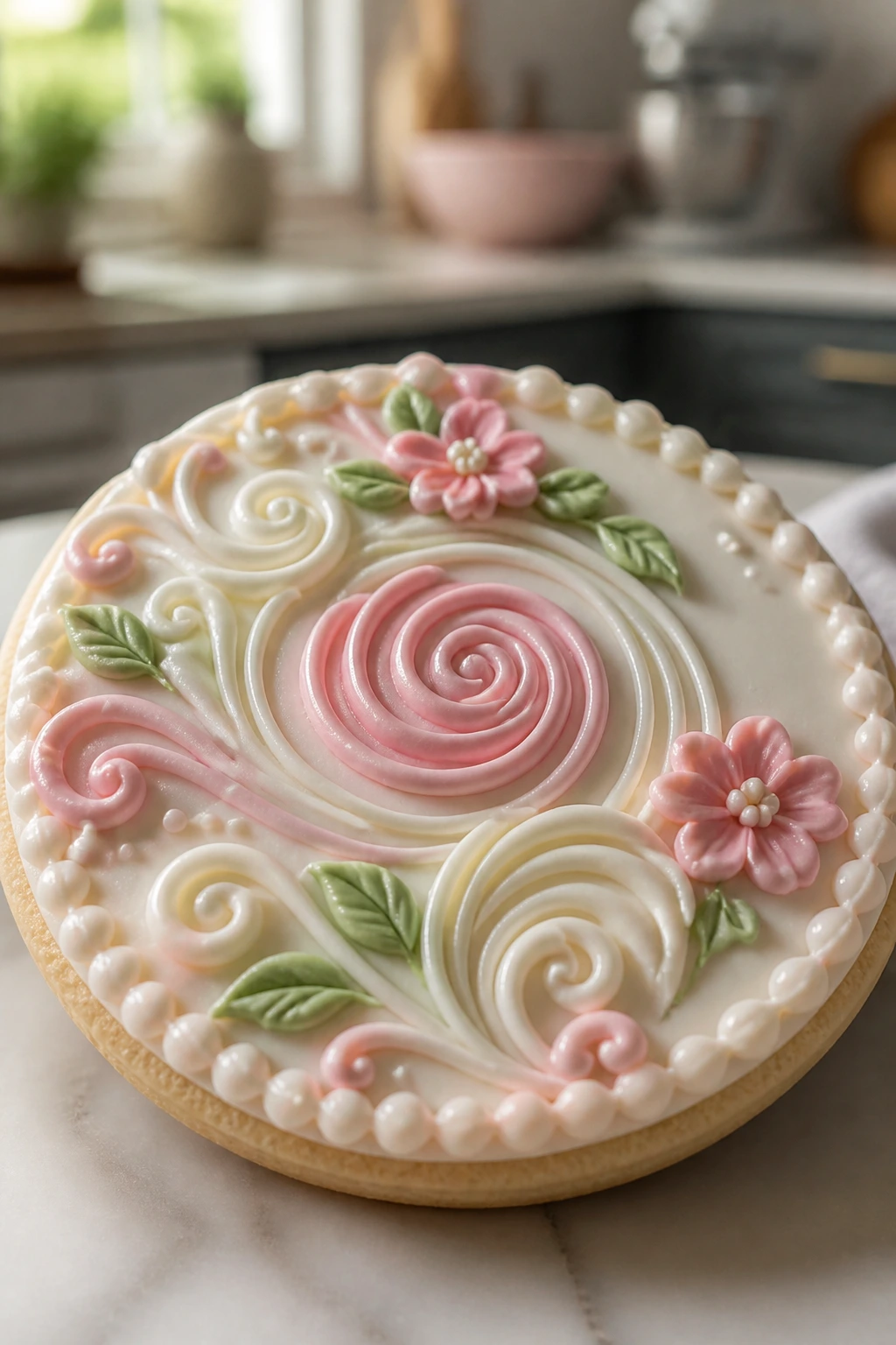 Decorated cookie with pastel icing swirls and borders.