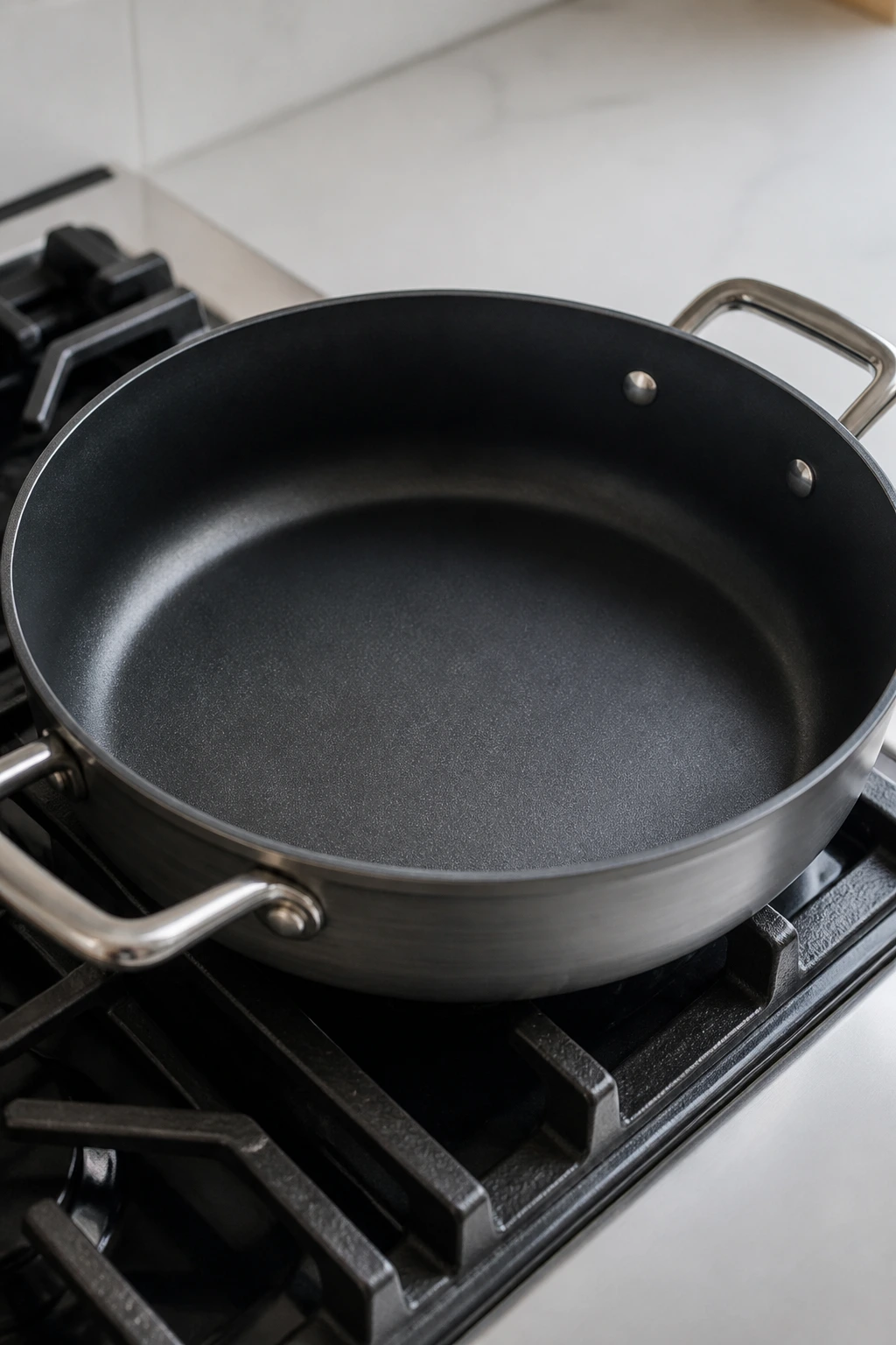 Deep skillet on a stove with clean kitchen setting.