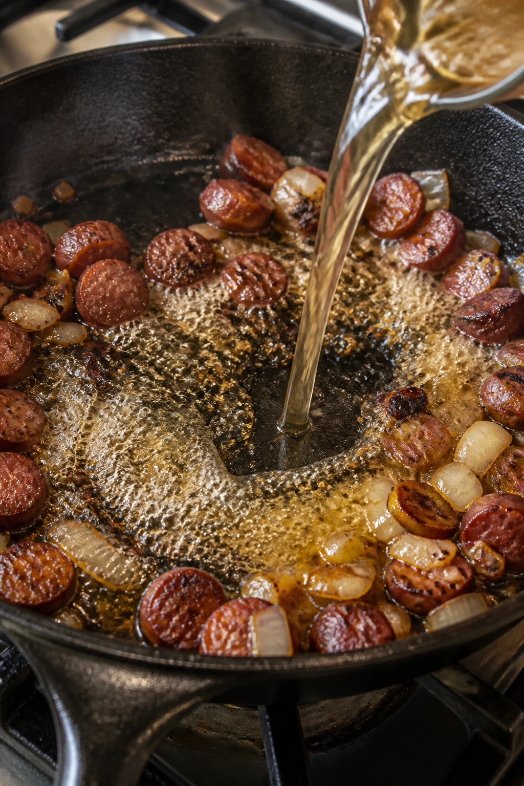 Splash of liquid deglazing a skillet with browned fond