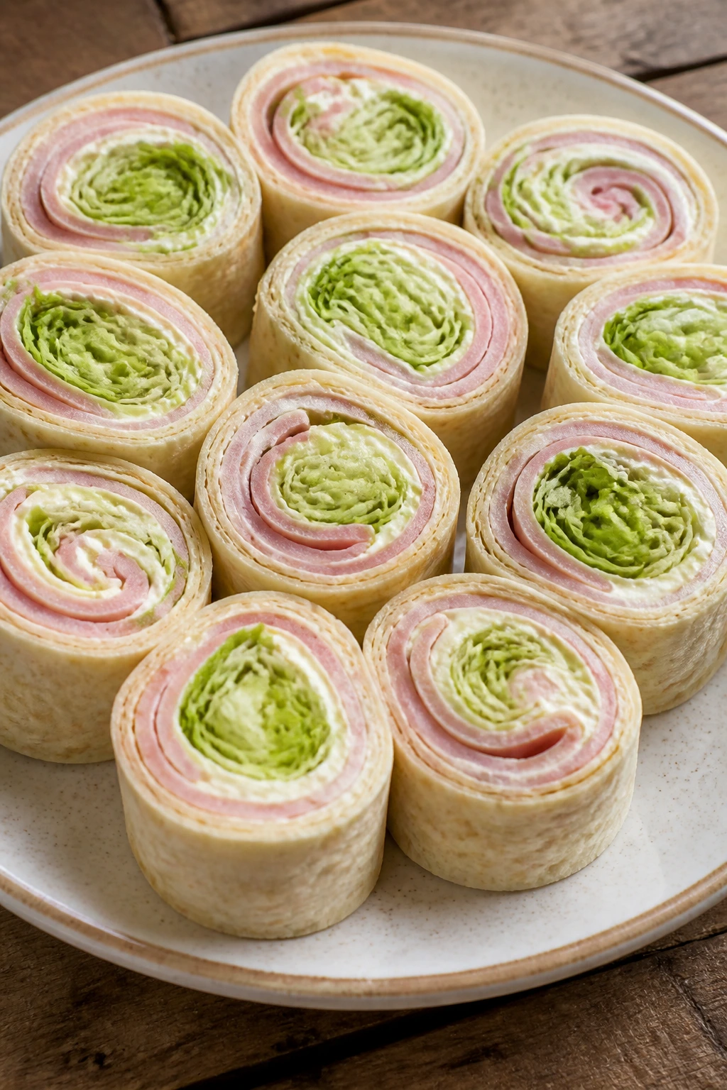Plate of deli meat pinwheels with cream cheese and lettuce in a tight arrangement.