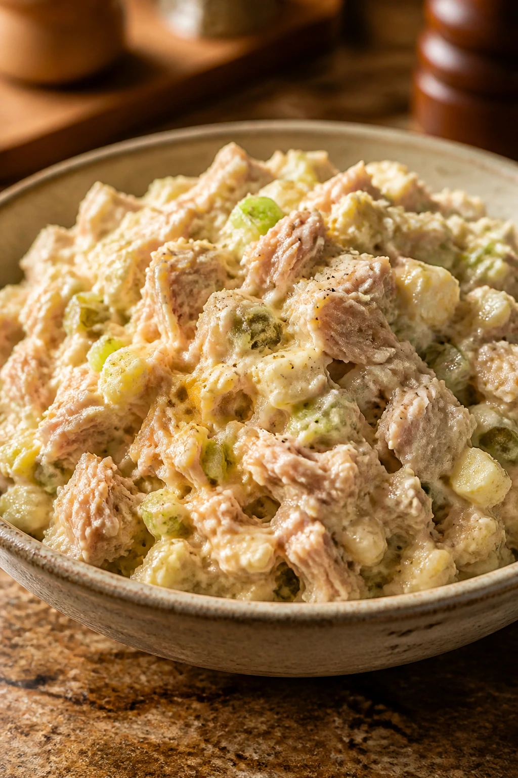 Creamy deli-style tuna salad with celery and pickle on a bowl