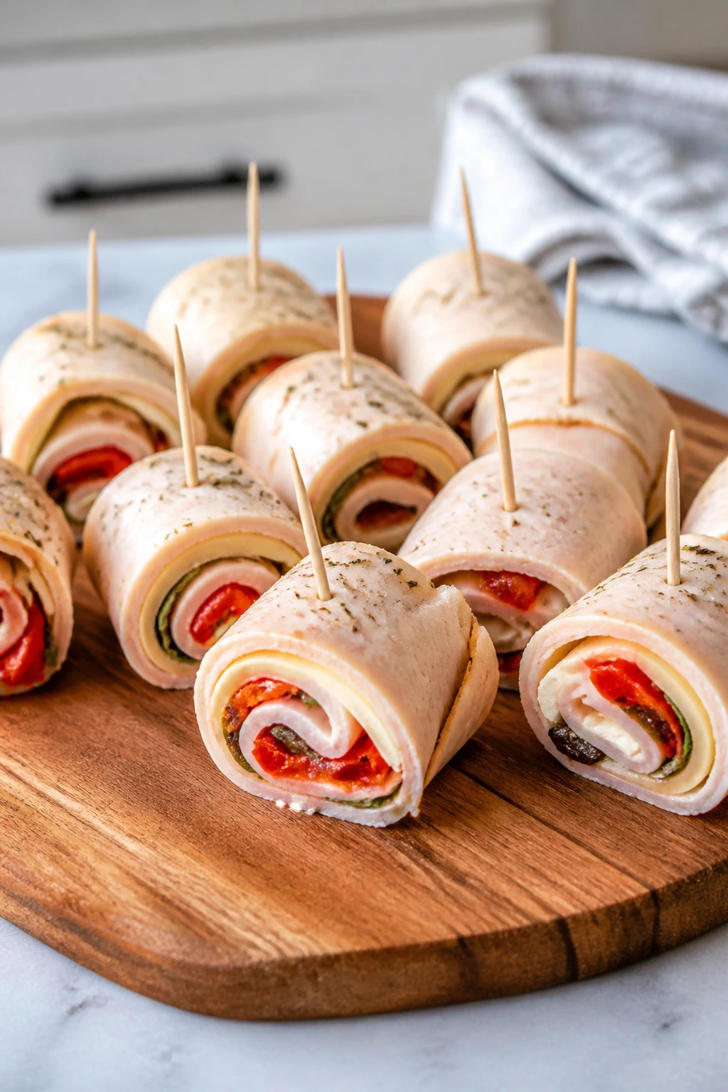 Deli turkey antipasto roll-ups on a platter