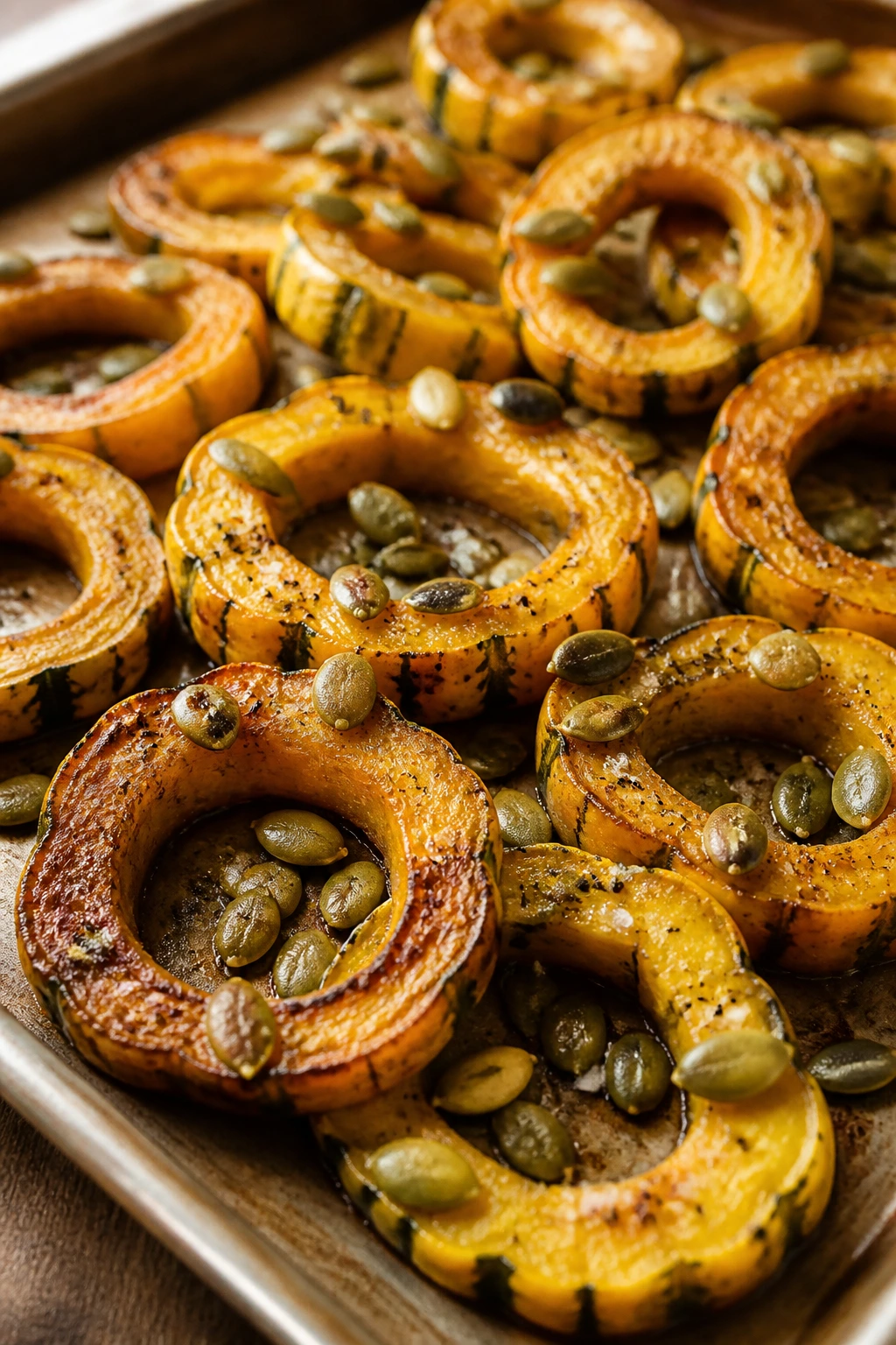 Close-up of delicata squash rings with pepitas in a warm kitchen