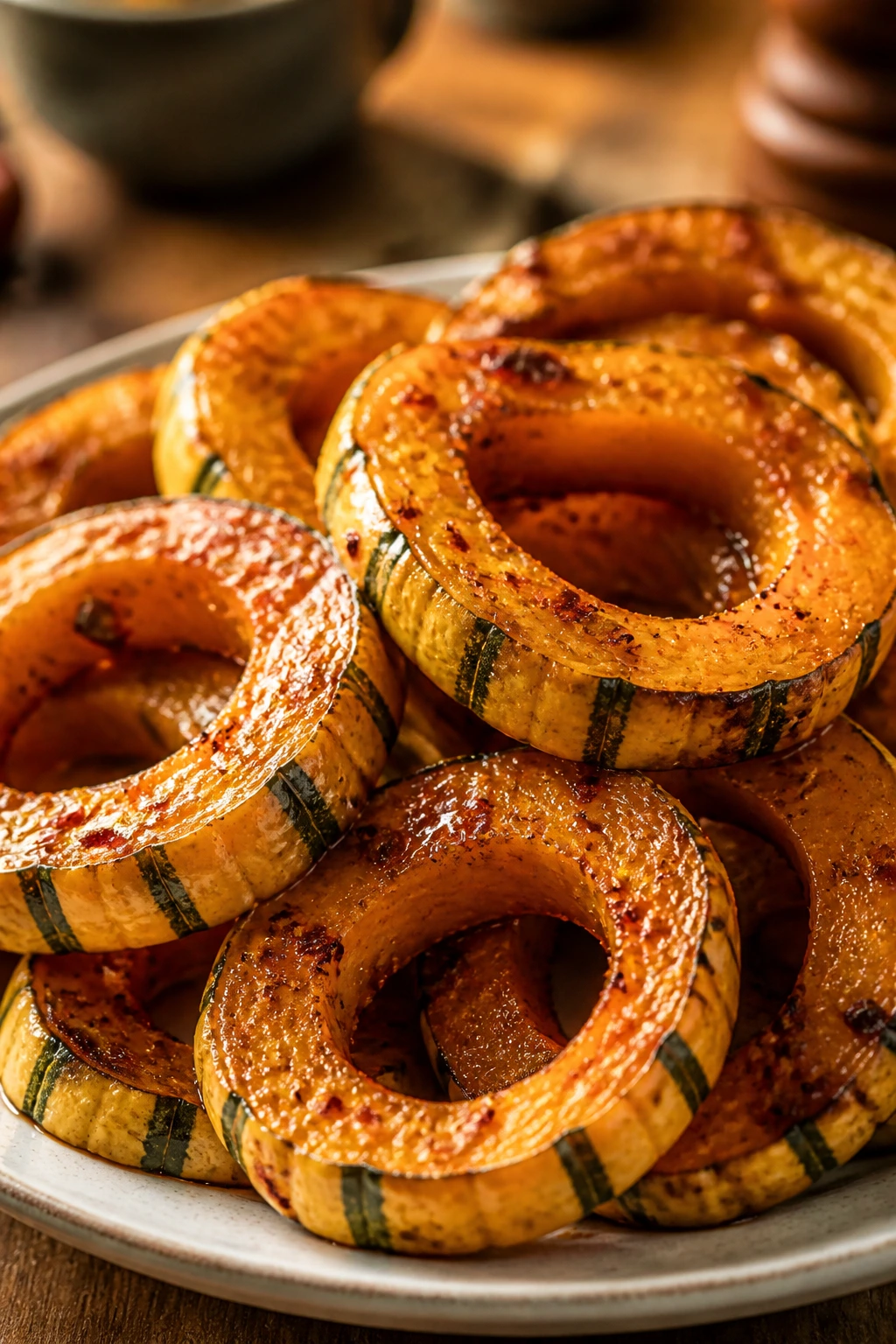 Delicata squash rings with maple glaze on a plate