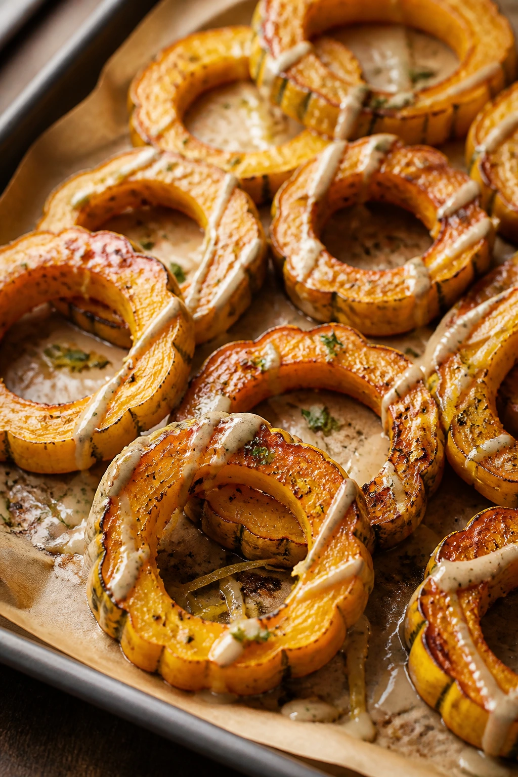 Caramelized delicata squash rings with tahini drizzle