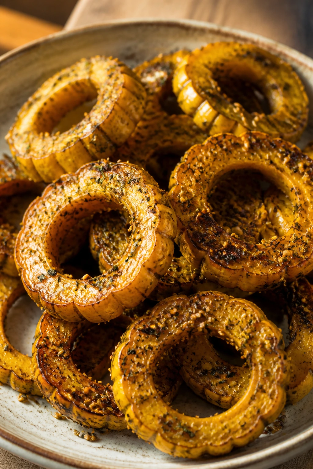 Delicata squash rings with za’atar on plate, crisp edges.