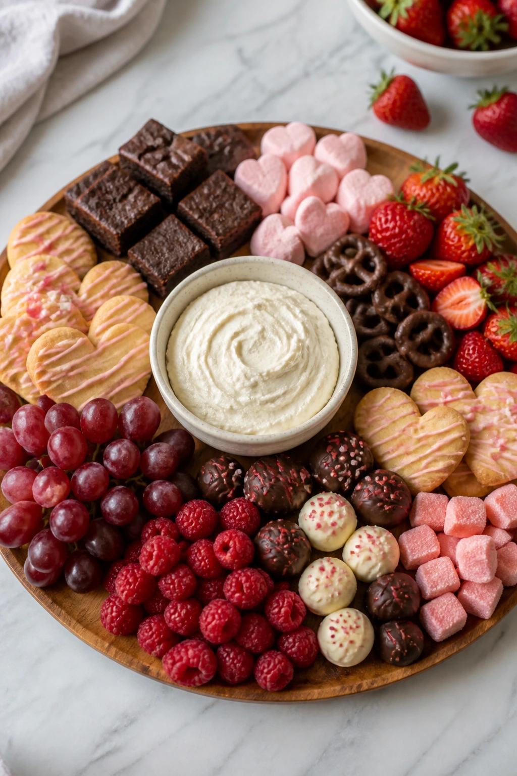 Top-down view of a large dessert board with brownies, cookies, berries and frosting ingredients