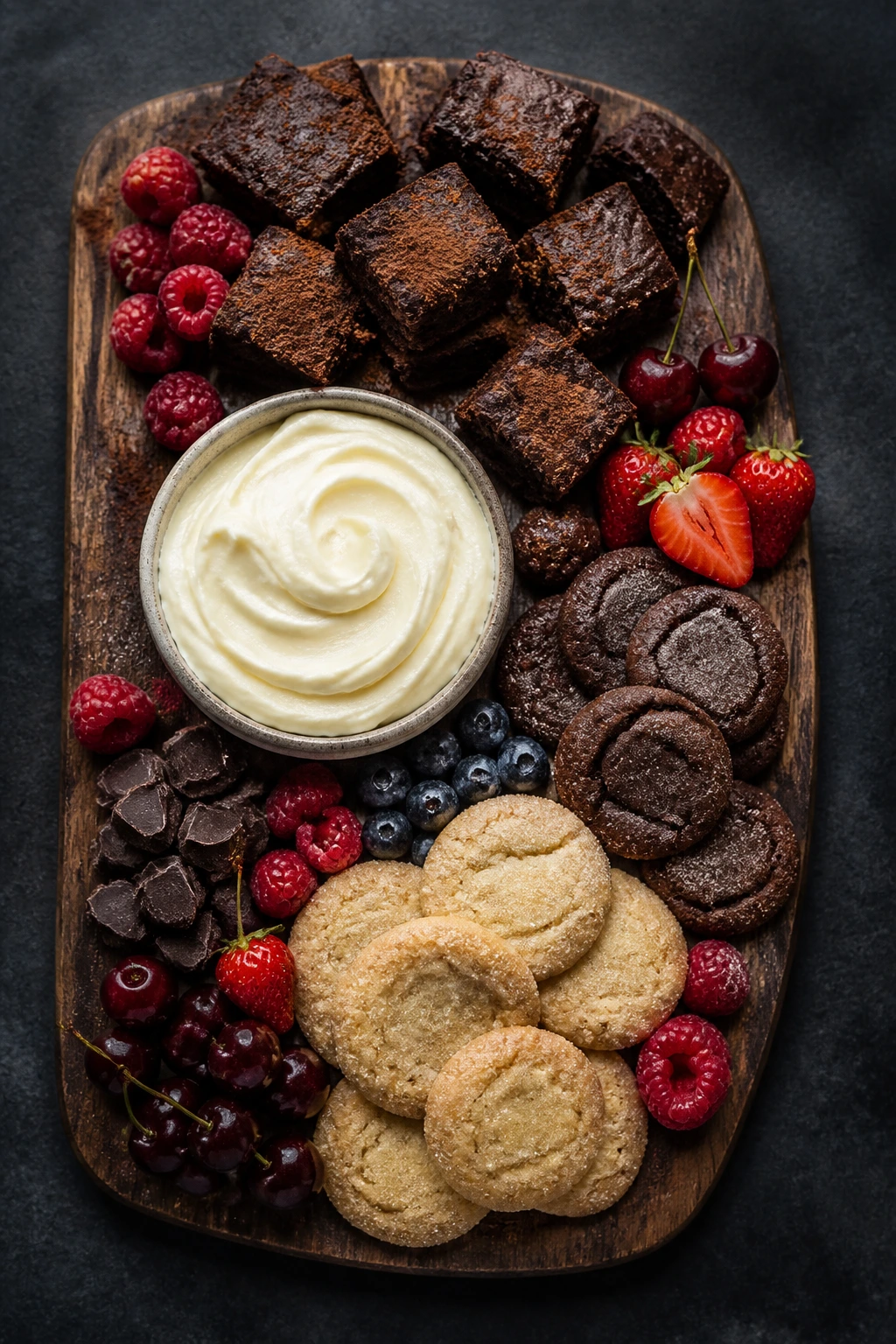 Dessert board with off-center frosting bowl on dark surface
