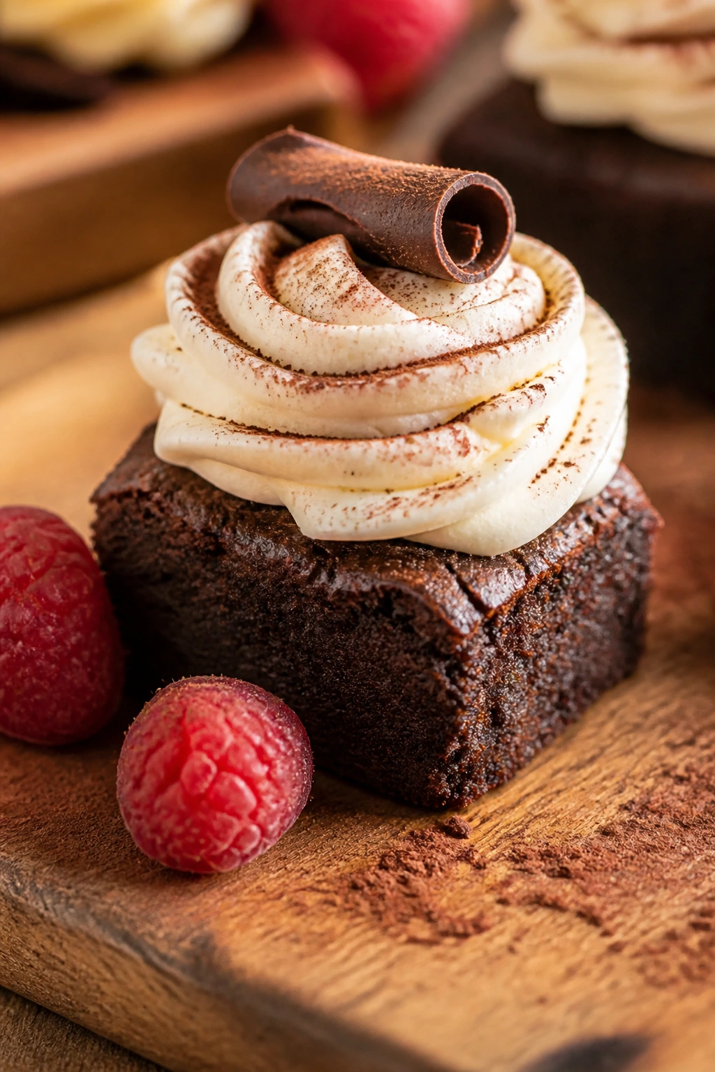 Brownie bite with frosting swirl on wood board