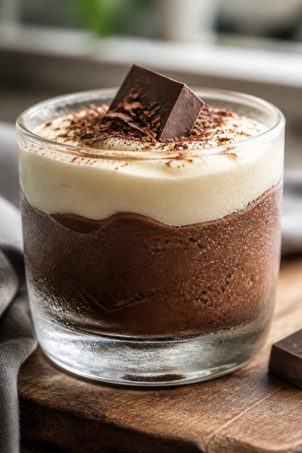 A chilled glass dessert cup with condensation showing layered pudding.