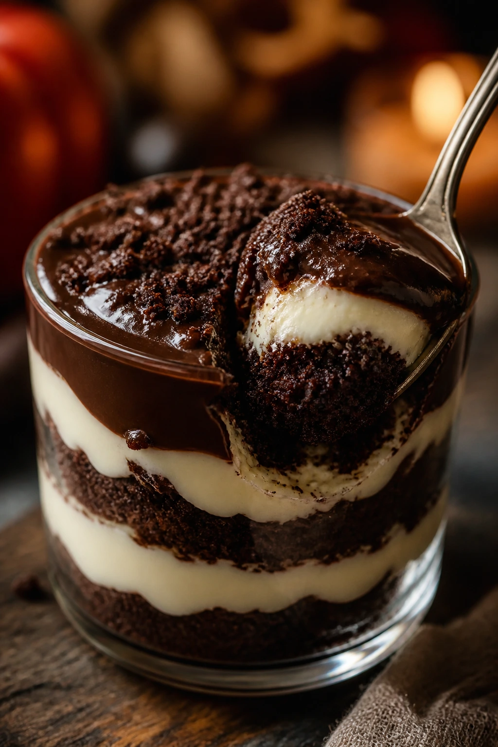 Close-up of a layered chocolate dessert cup with cream cheese frosting and ganache, ready for the last bite.