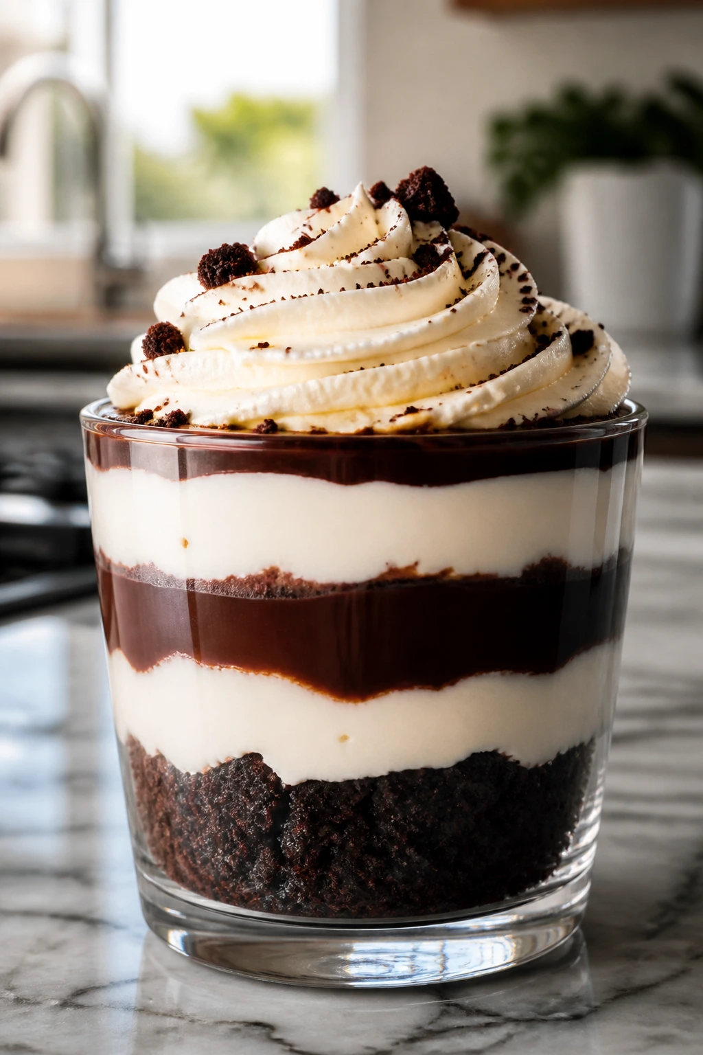 Close-up of a dessert cup showing defined layers and clean stripes for timing and yield concept