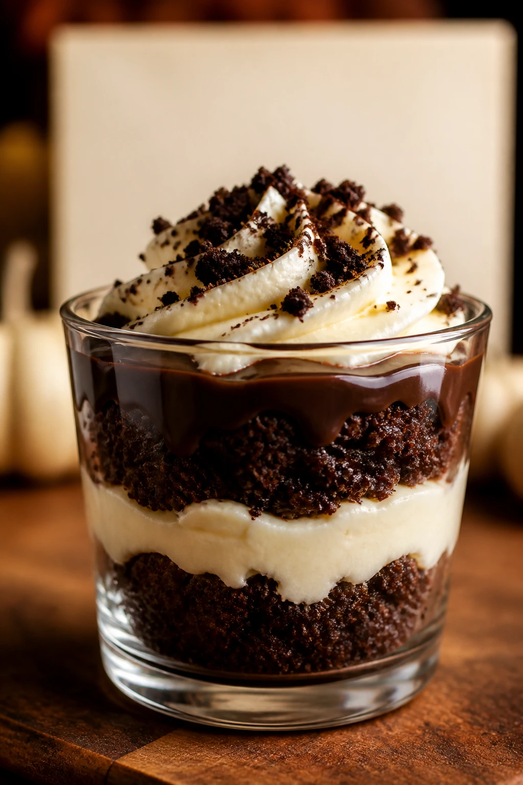 Close-up of a rich chocolate dessert cup with cream cheese frosting and ganache against a soft, non-text backdrop suggesting a recipe card.