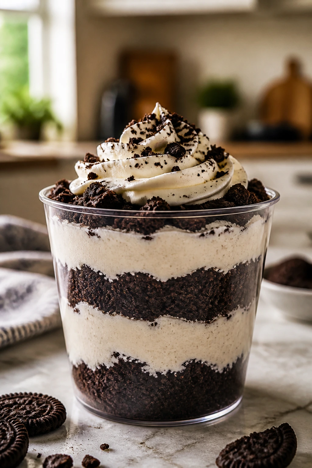 Close-up of a clear dessert cup with visible chocolate cake layers and cream cheese frosting in a kitchen
