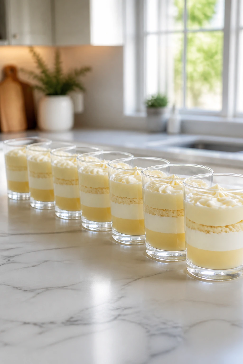 Row of glass dessert cups with mousse layers