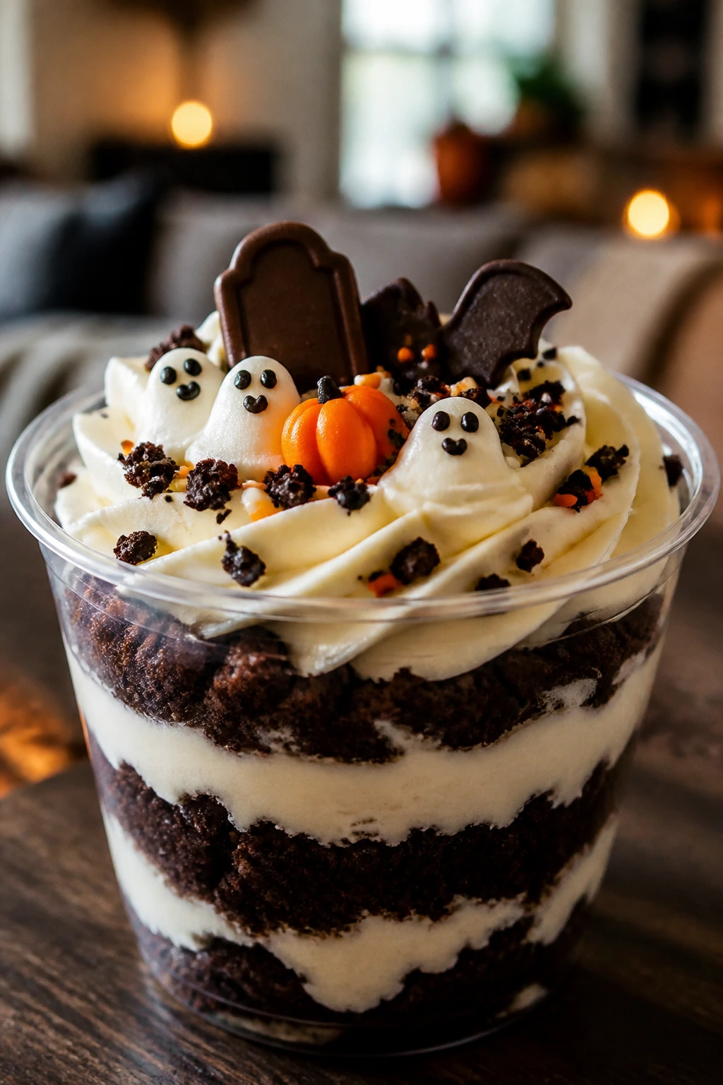Close-up of a dessert cup in a warm home setting