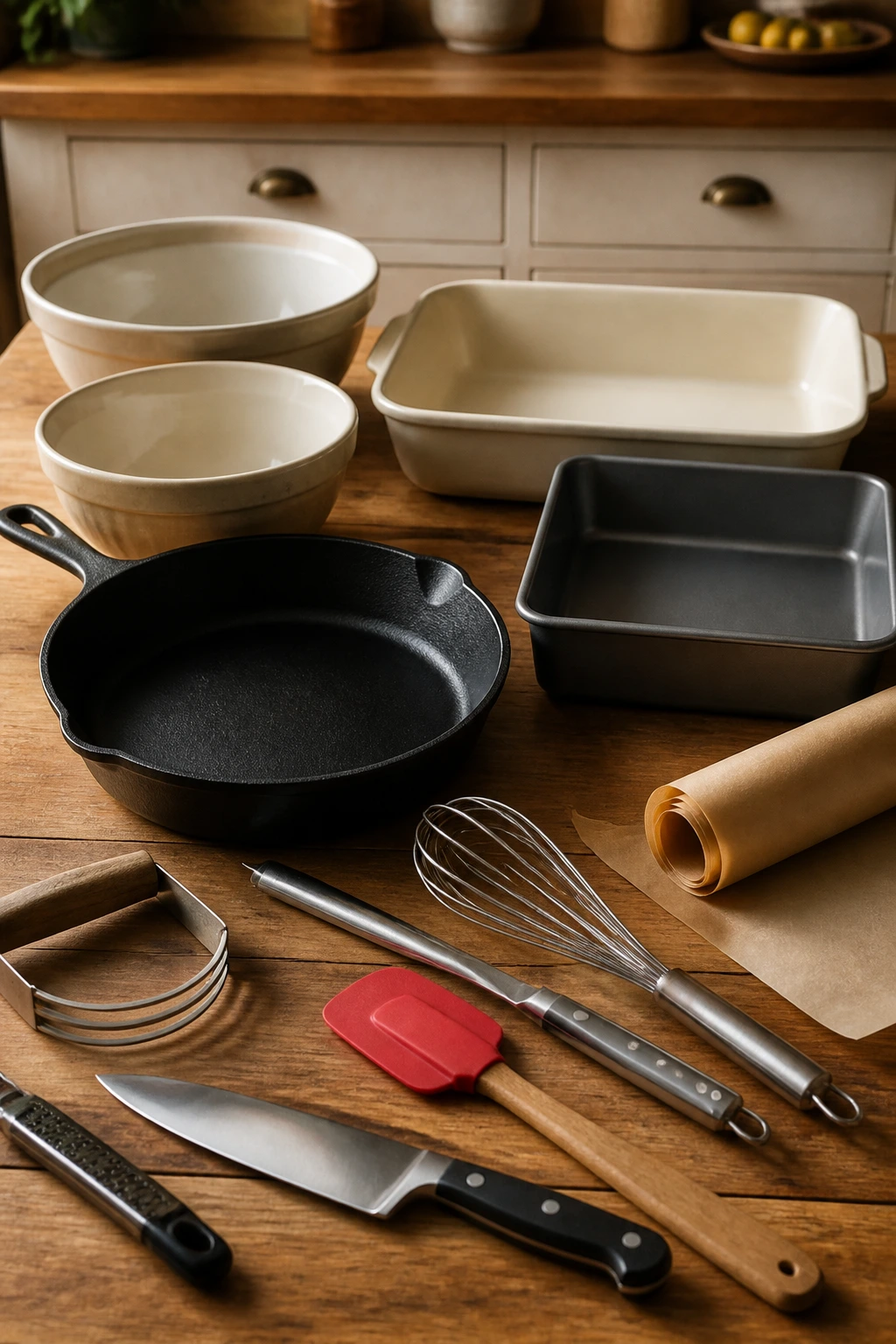 Close up of essential kitchen equipment arranged on a counter for fruit desserts