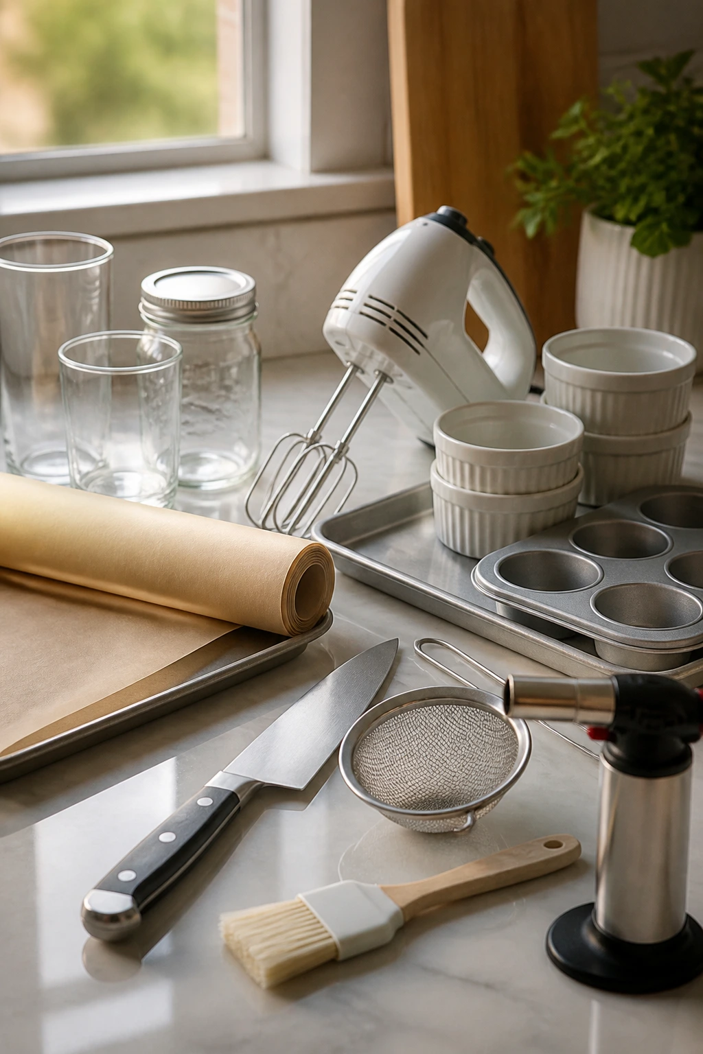Close-up of essential dessert equipment on a kitchen counter with glasses, parchment, mixer, ramekins, knife, pans, strainer, brush, torch