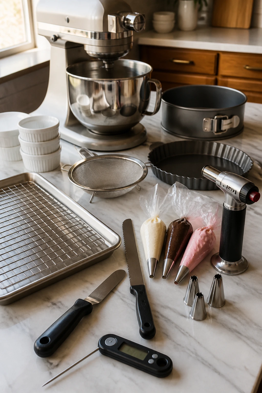 Close-up of essential dessert equipment arranged on a kitchen counter