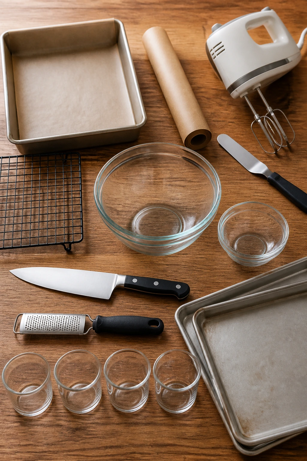Top-down still life of essential baking tools on a wooden counter