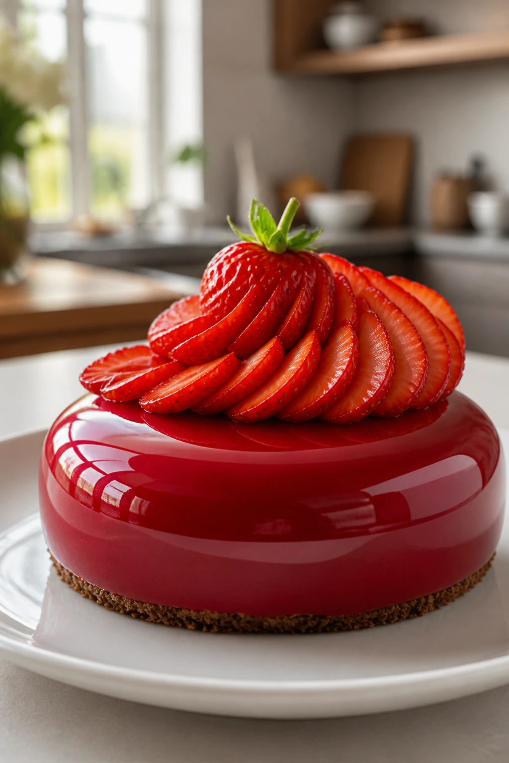 Close-up of a glossy mirror-glazed dessert with a berry topping.