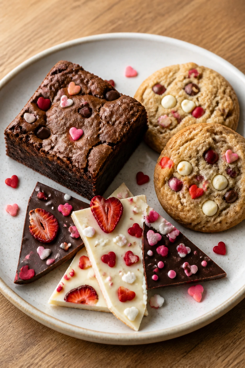 Plate with brownie, cookies, and bark arranged artfully