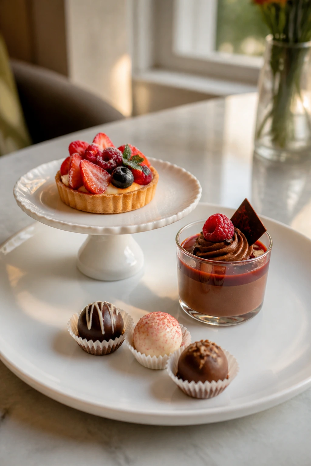 Close-up of a dessert plate with tartlet, mousse, and truffles on marble.