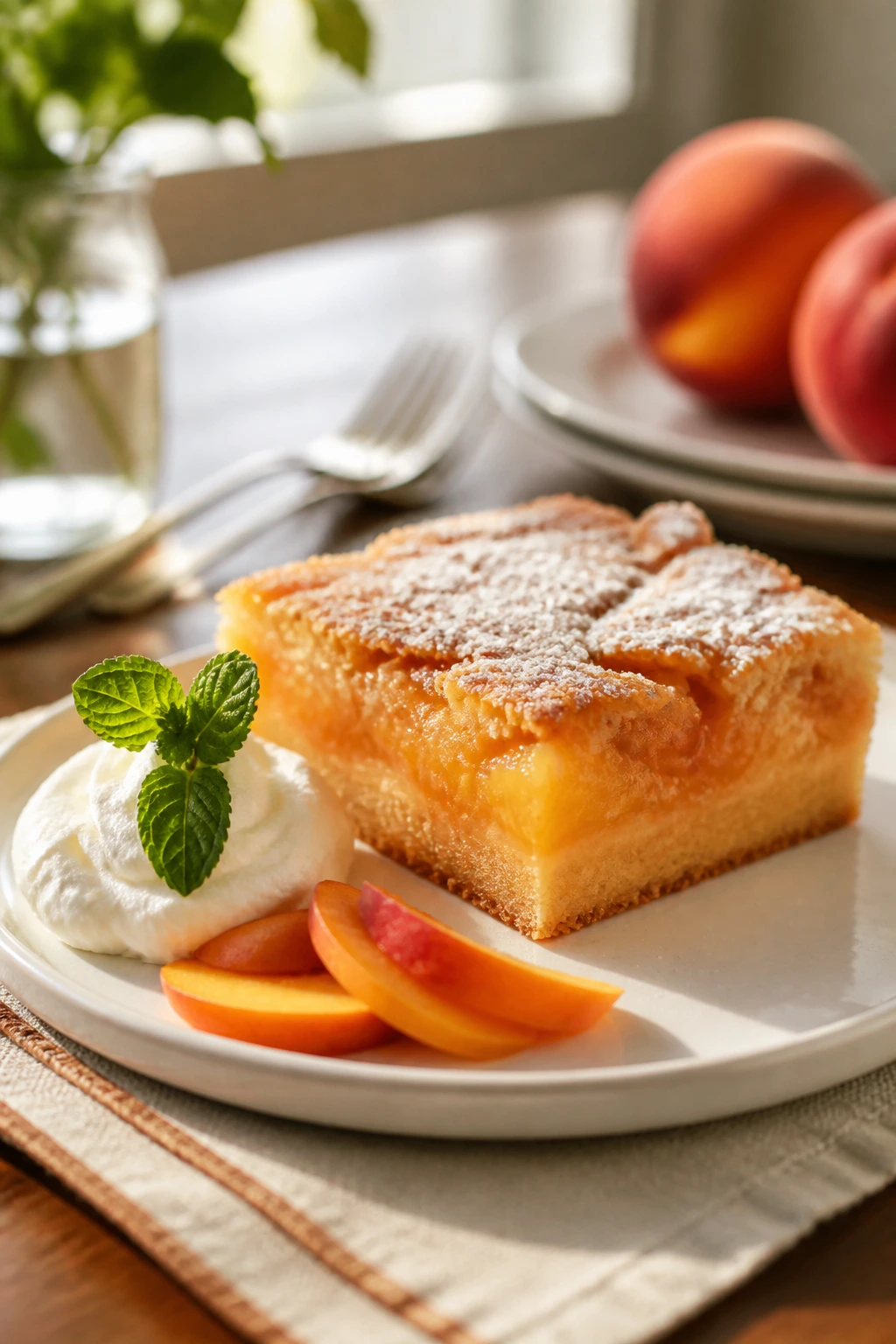 Close-up of a peach bar slice plated with a fruit garnish.