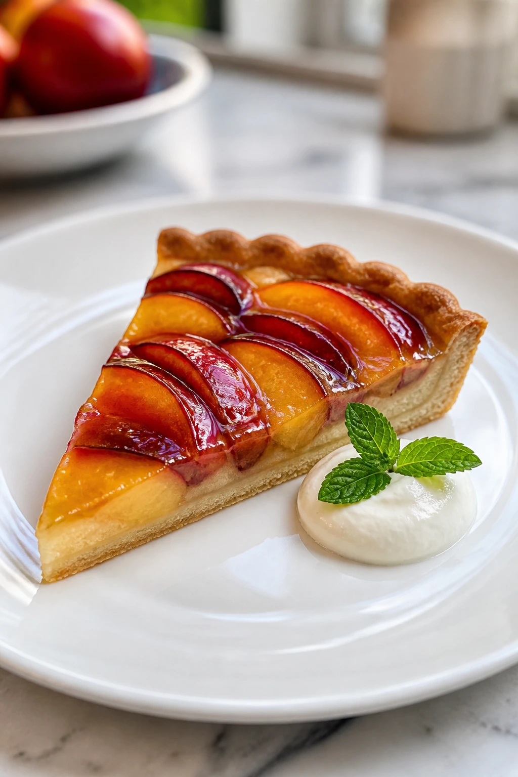 Close-up of a tart slice on a white plate in a warm kitchen