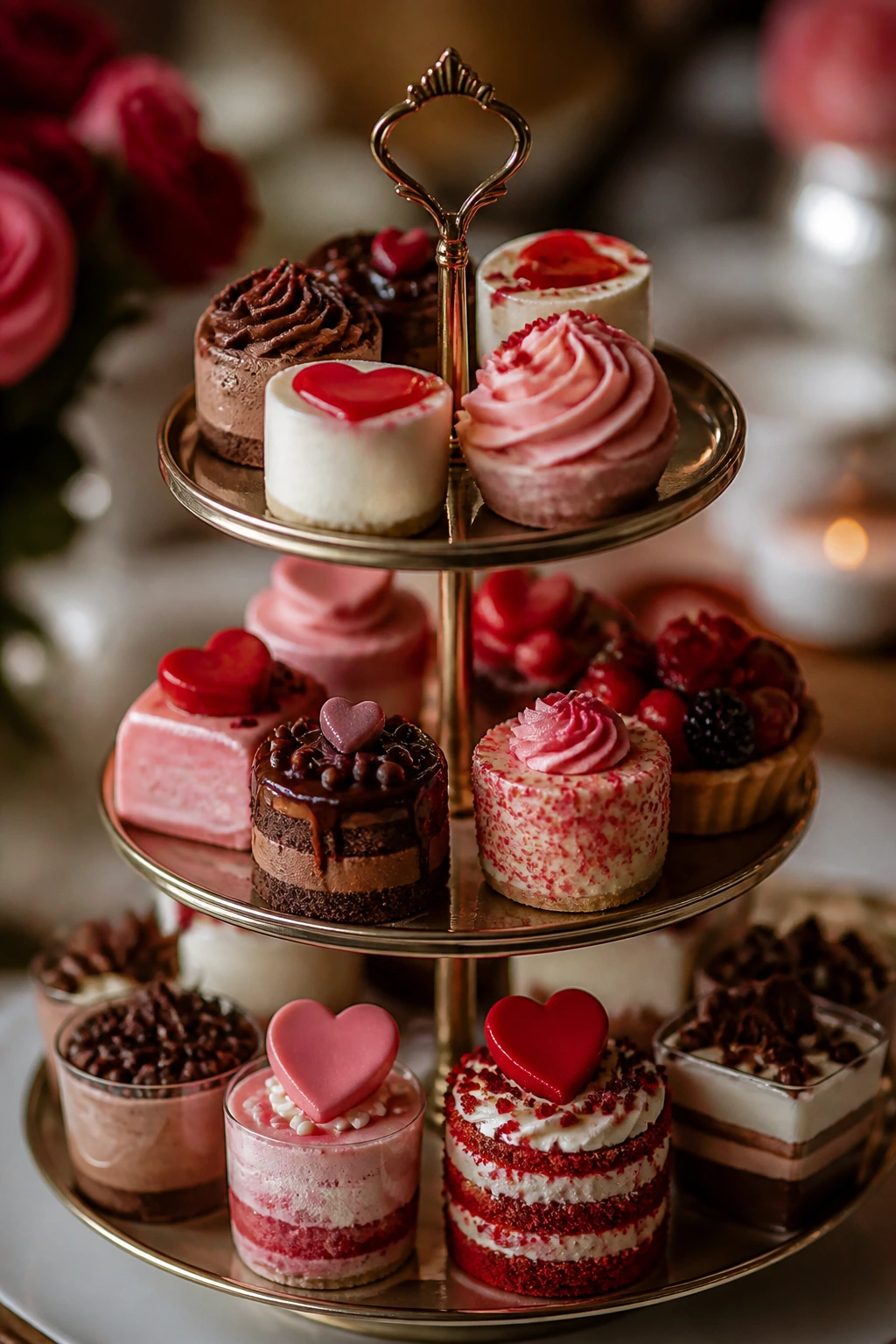 Tiered dessert tray with assorted mini Valentine desserts.