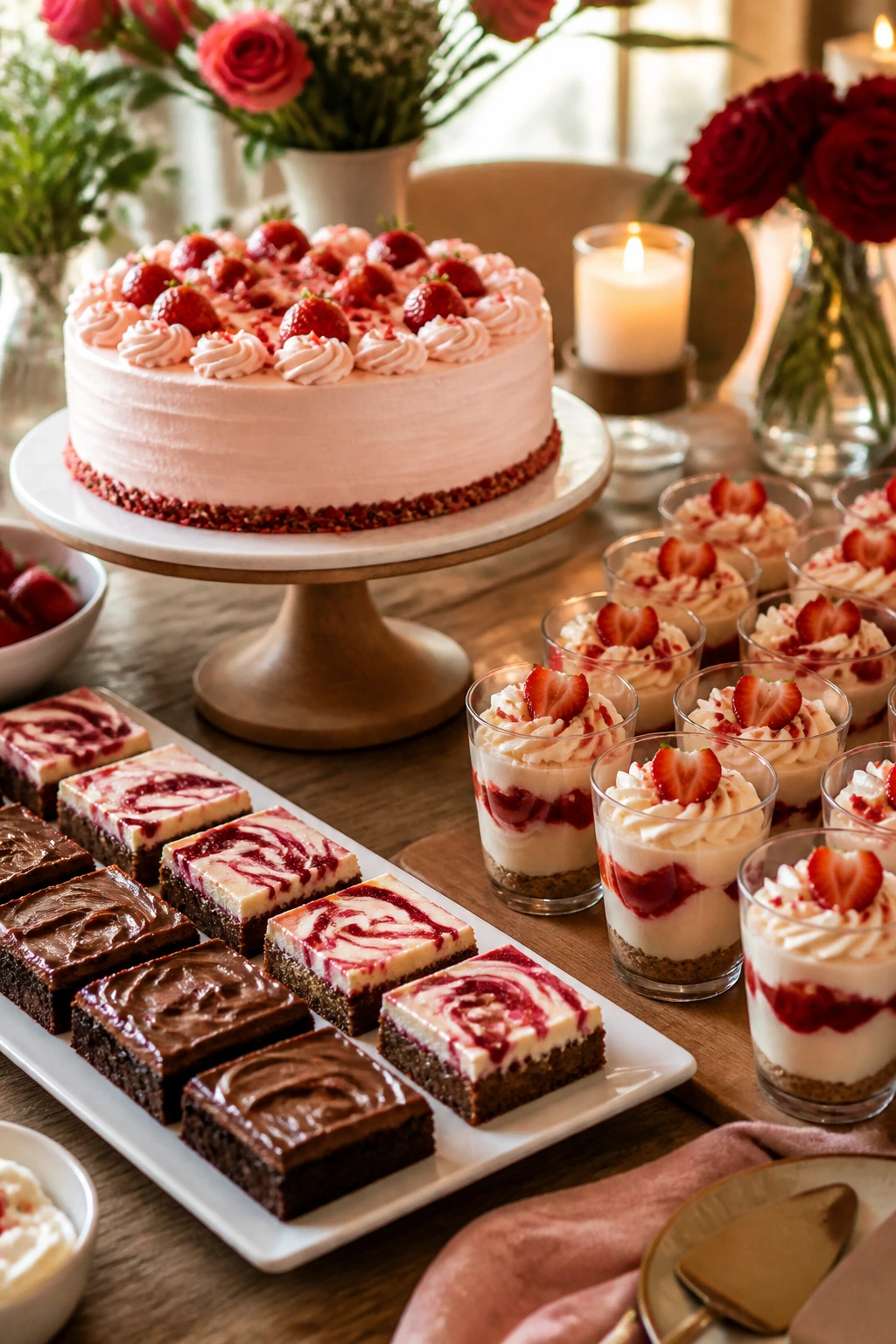 Elegant dessert serving setup with cake stand, bars, and mousse cups