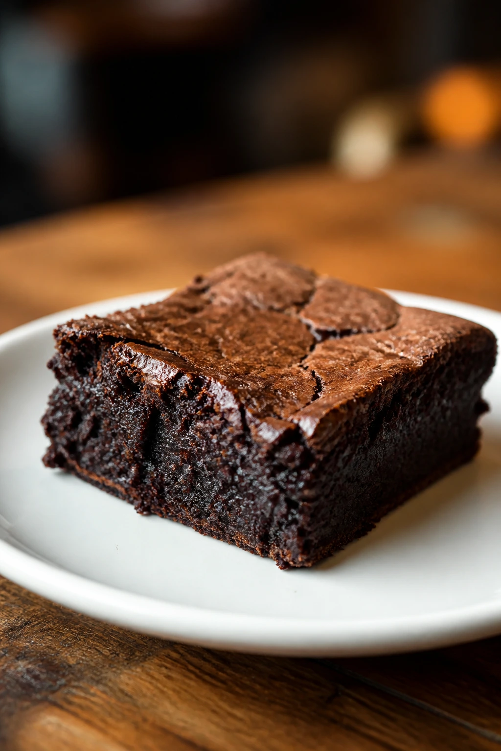 Single moist brownie slice on white plate with warm lighting