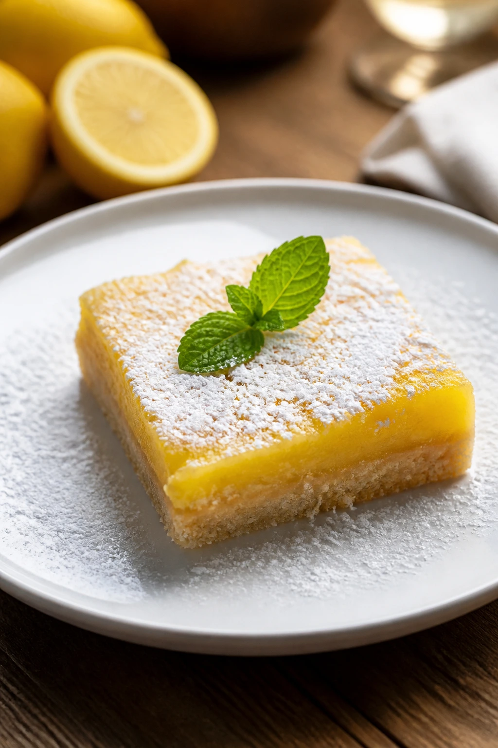 Dessert plated on white plate with mint garnish