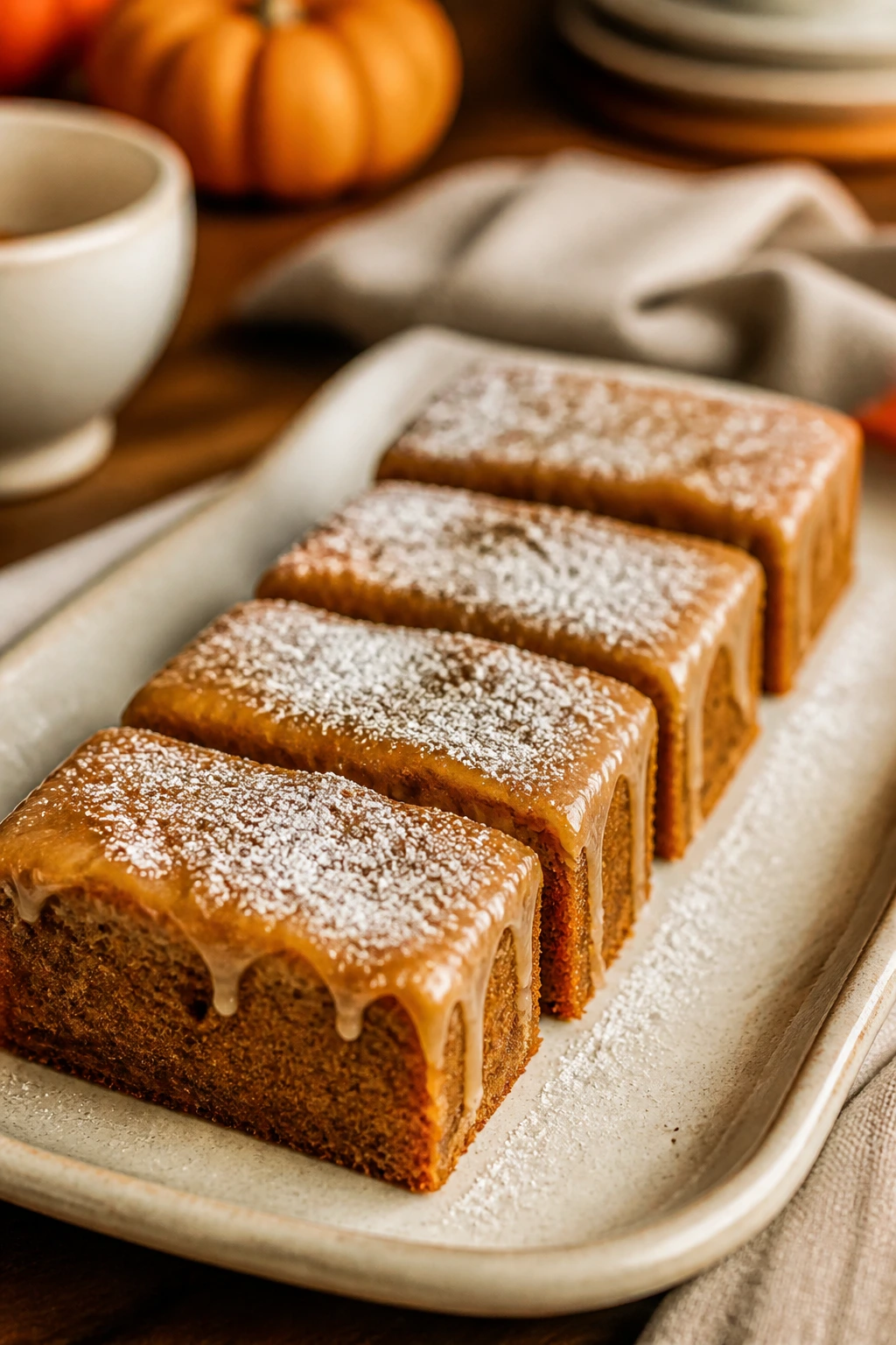 Plate of neatly cut dessert bars with glaze on a warm table