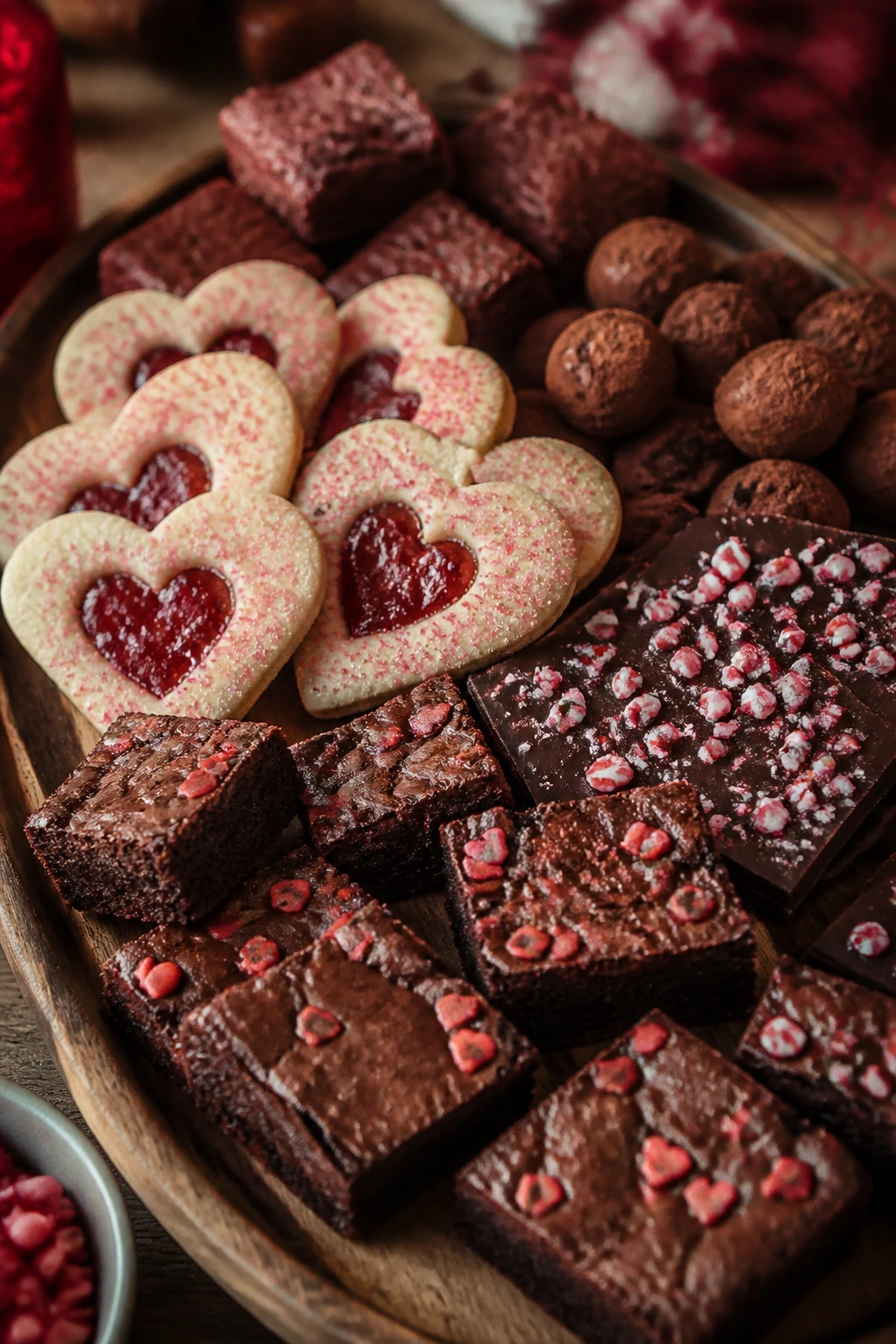 Dessert spread with cookies, bark, and brownies on a board