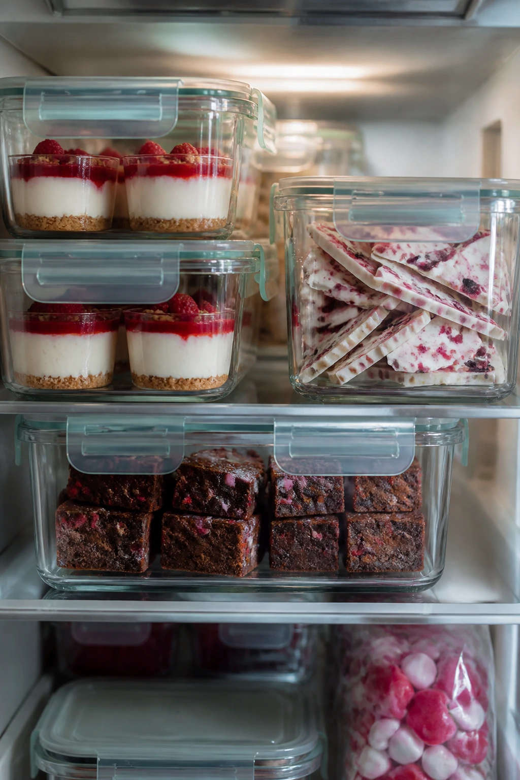 Fridge shelf with glass dessert containers neatly arranged for make-ahead storage