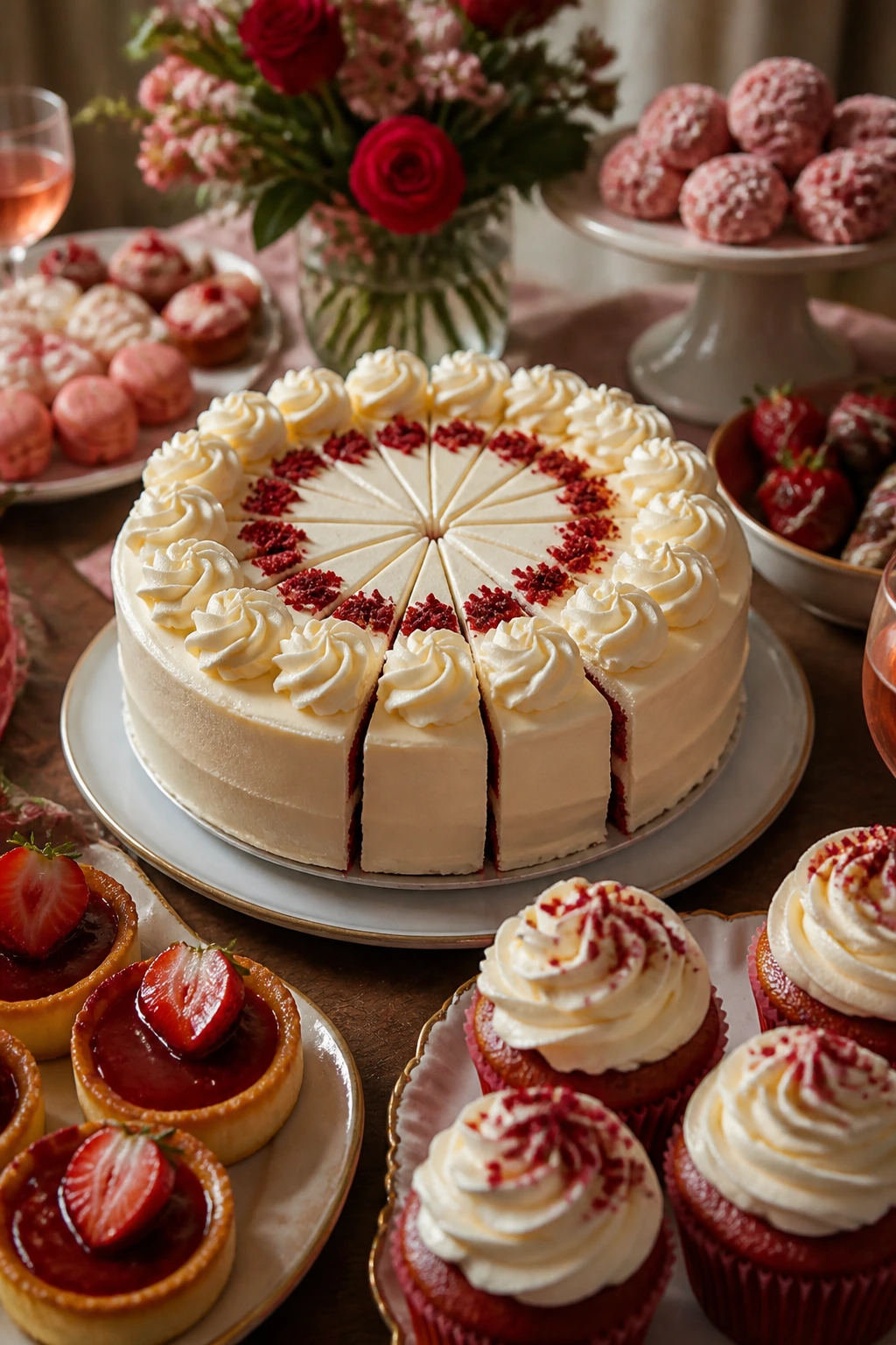 Close-up of a dessert table center with delicate frosted desserts preserving their shape