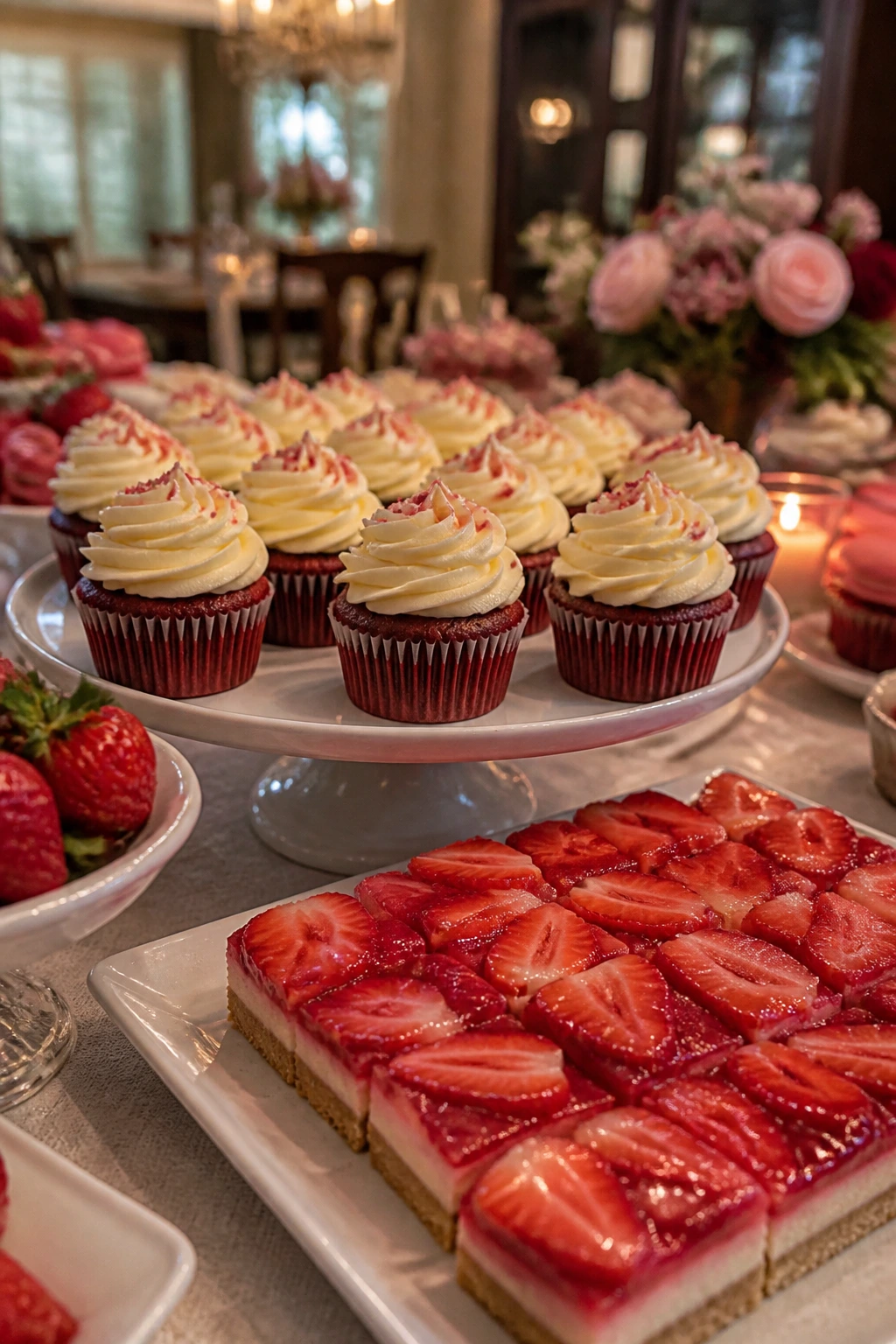 Dessert table with cream cheese frosting cupcakes and glossy strawberry bars in a warm dining room